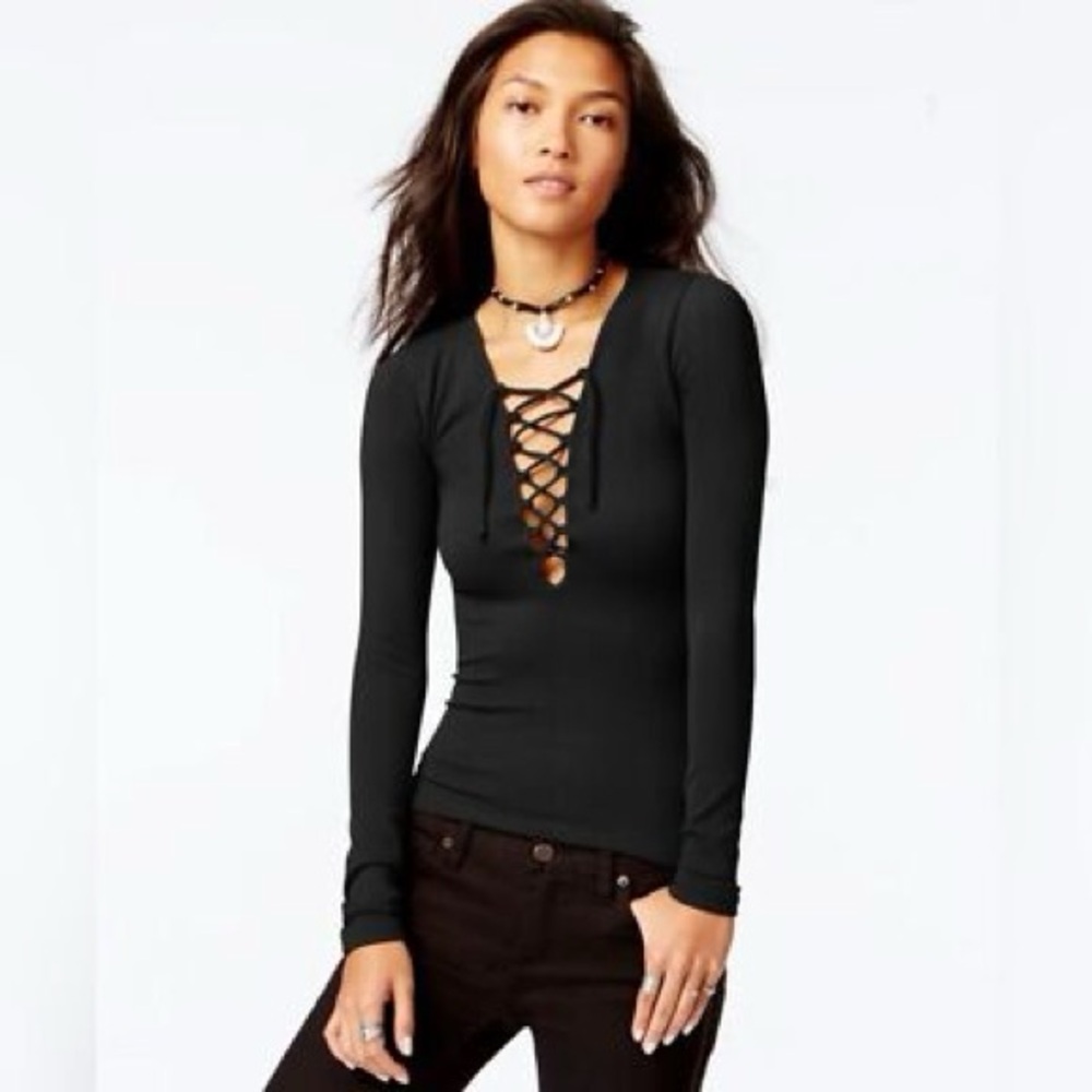 Free People Intimately Black Long Sleeve V-Neck Top NWT Size M/L
